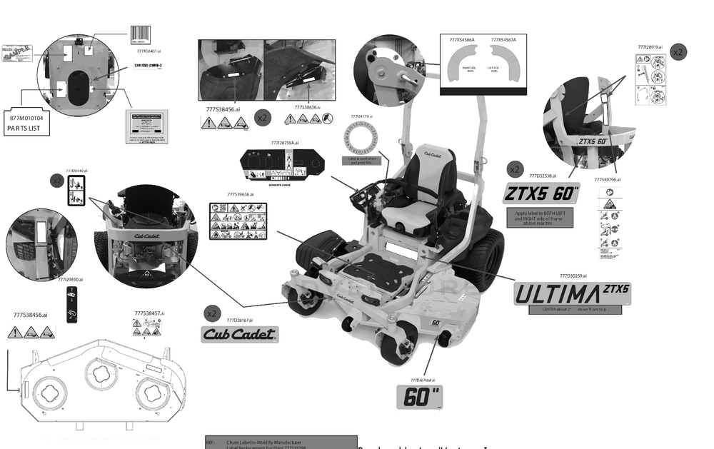 Label Map Diagram and Parts List for ZTX5-60KW (47AKAAA8A10)(2023) Cub Cadet Lawn Tractor